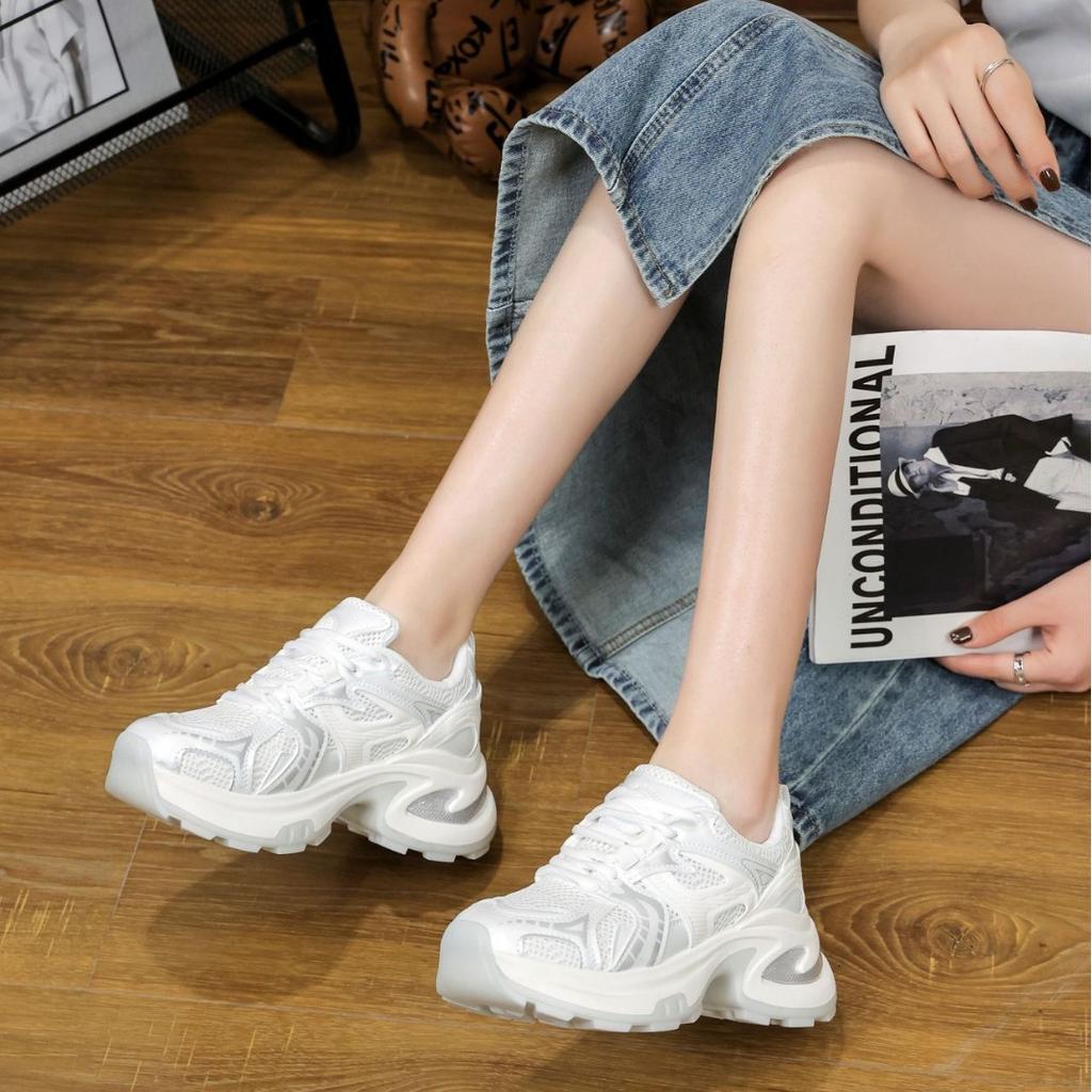 2025 Summer Thin Silver Thick-soled Heightening Dad Shoes Women's Mesh Breathable Versatile Casual Sports Shoes Ins