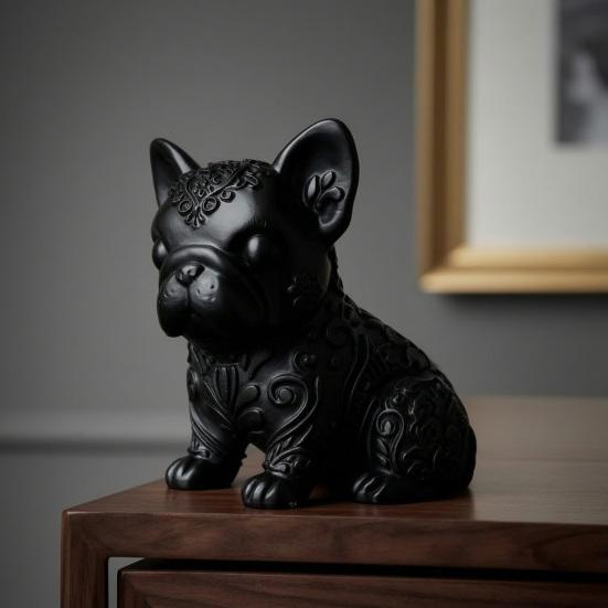 3D Printed French Bulldog Ornament, Black Glossy Dog Sculpture, Minimalist Cute Bulldog Figurine Desktop Decoration for Dog Lovers Gift
