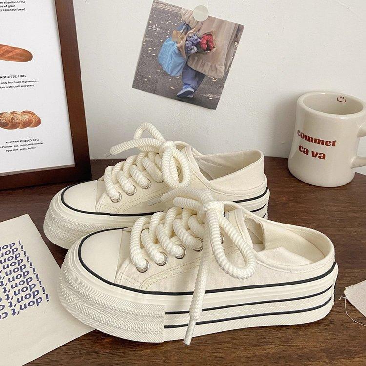 Chaussures en toile blanc laiteux deux-en-un plateforme été nouveau design de niche