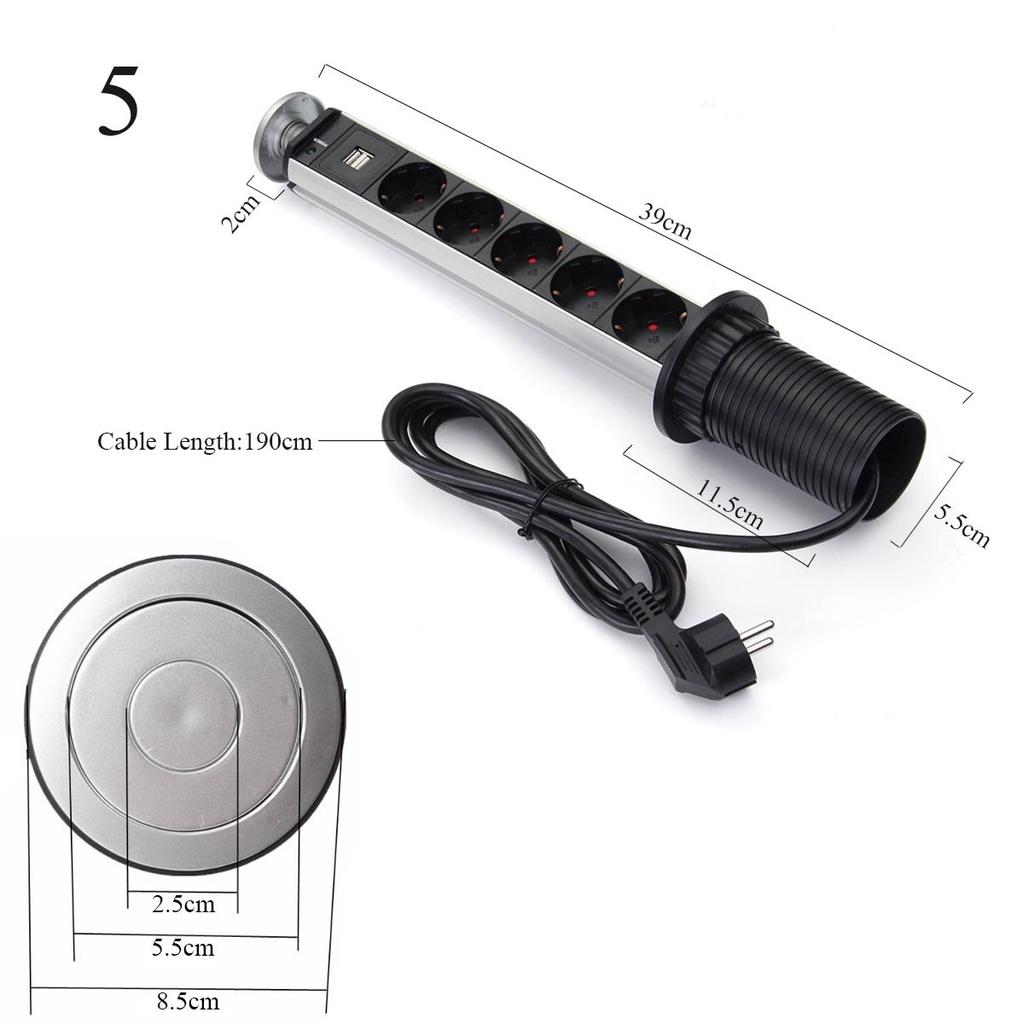 1000mA 220V 3/4/5/6 Power Kitchen Table Pull Up Socket Electrical Desktop Sockets 1 Led+2 charge USB Aluminum Shelf