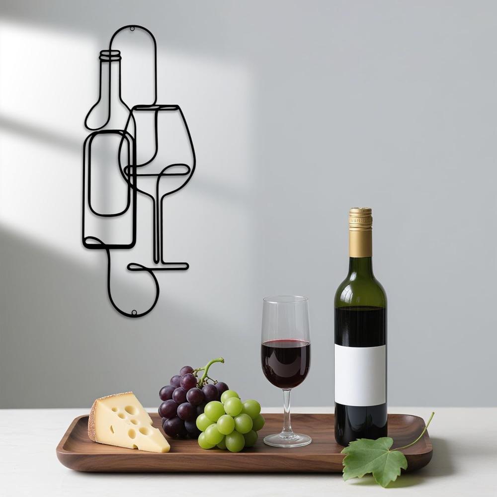 Minimalistische Lijntekening Metaal Wanddecoratie Wijnflessen Glas Zwart Modern Bar Keuken Huis Kunst 15,75x5,98 Inch