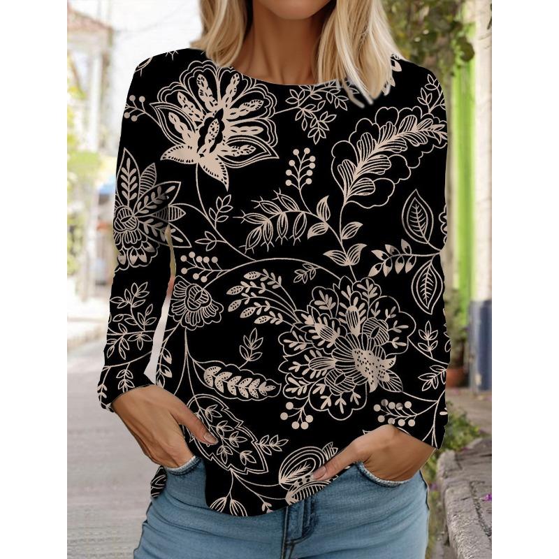 Retro flower pattern 3D printed long sleeved T-shirt