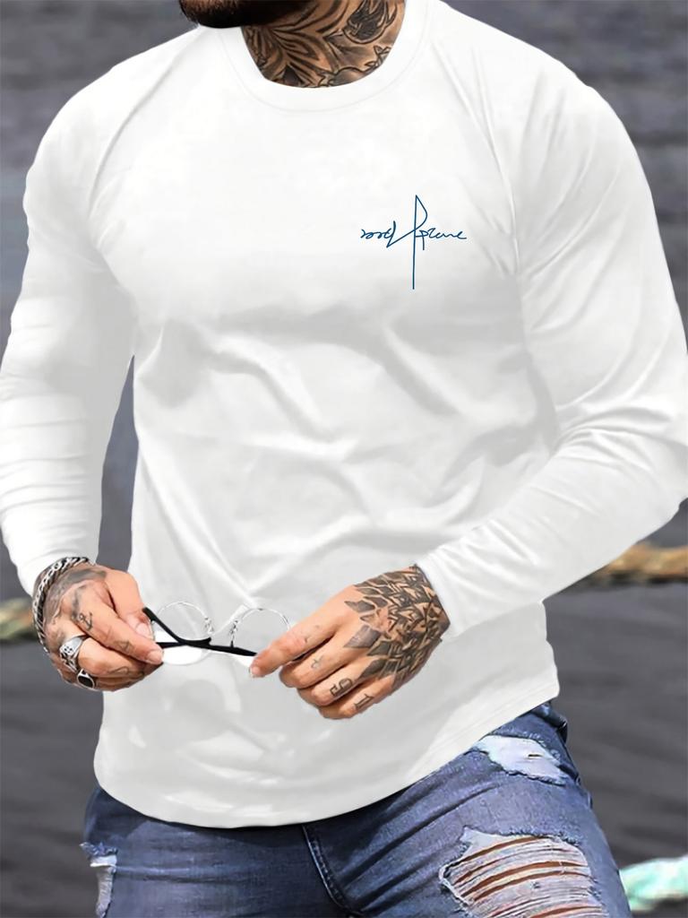 Men's loose fit comfortable sports and leisure cross letter pattern printed round neck long sleeved T-shirt top