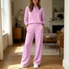 Women's Fashion Collared Long Sleeve Casual Two-Piece Set with Loose Wide Leg Pants, Color