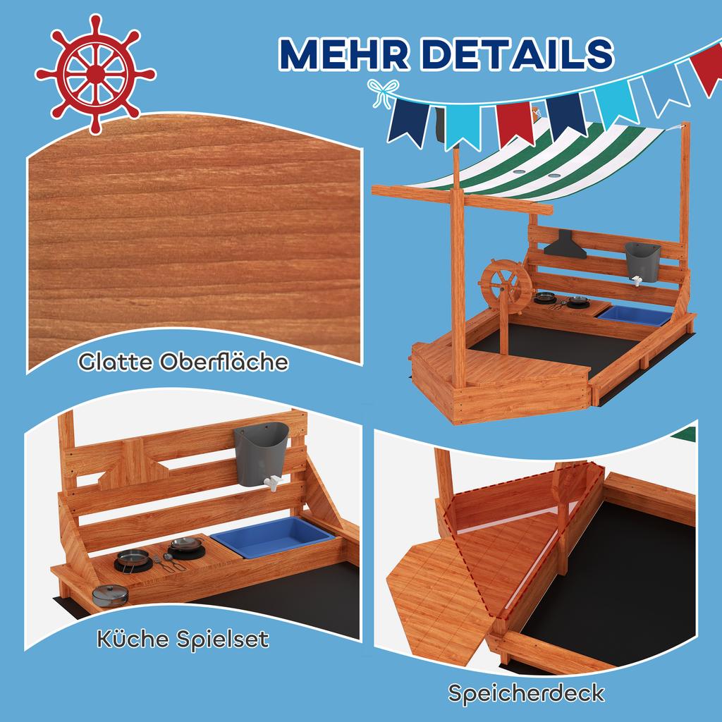 Sandbox with Sun Canopy, Pirate Ship, Incl. Children's Kitchen Play Set, Solid Wood, 180 X 103 X 144.5 Cm, Green