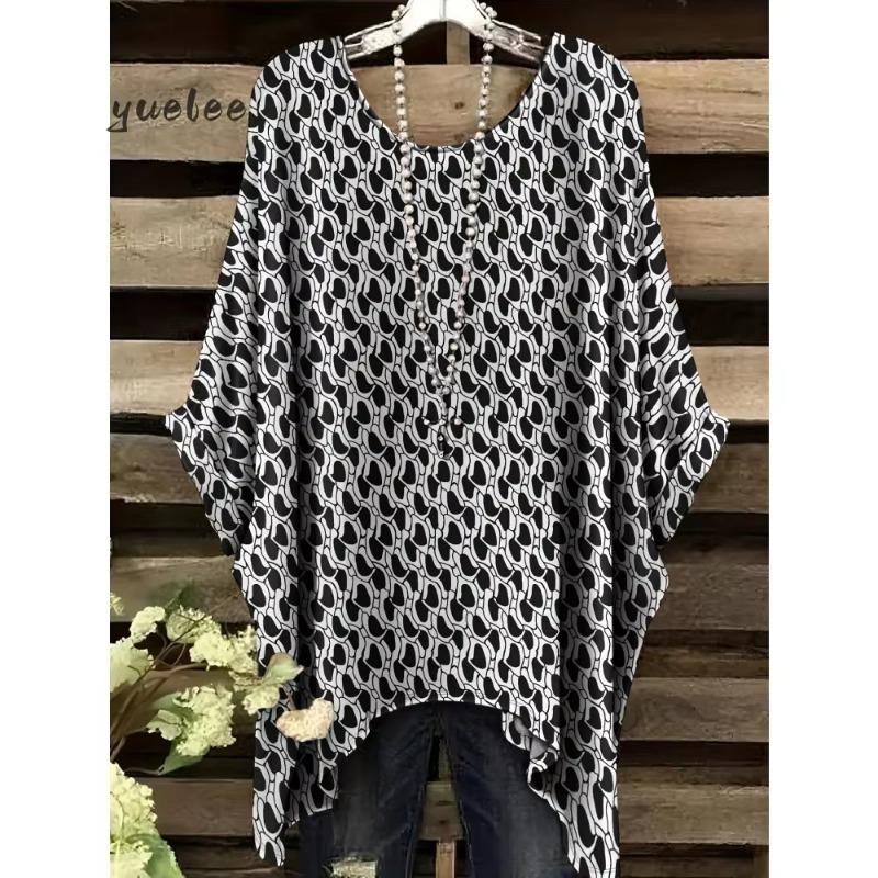 Bohemio Chic Oversize de Moda Estampados Étnicos Dobladillo Irregular Cuello Redondo Ropa Moda Ropa de Mujer Versátil Ropa para Mujer