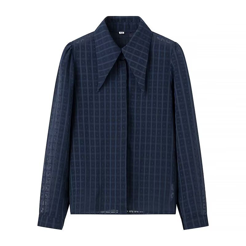 

Kaslead New Arrival Women s Fashion Style Fashion All-Match Simple Chiffon Small Gingham Jacquard Long Sleeves Shirt Navy L
