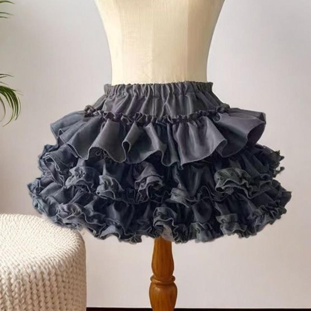 Kawaii Ball Gown Short Skirt Pleated Ruffles Layered High Waist Solid Mini Cake Skirts Lolita Girl Sweet Cute Elastic Waist Y2K