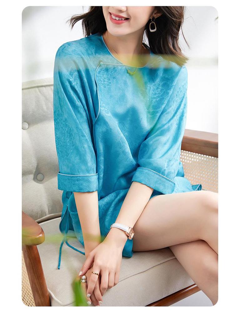 Women's High-End Chinese Style 100% Pure Mulberry Silk Ribbed Jacquard Top & Pants Set