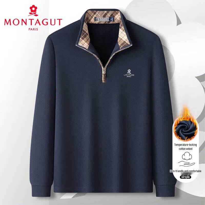 MONTAGUT Men s Washable Warm Long-Sleeve Knit Mock Neck Top with Plaid Trim L