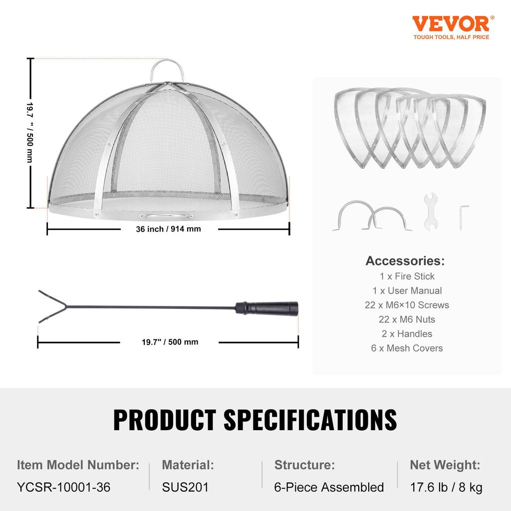 VEVOR Firepit Spark Screen Lid, 914.4mm Diameter, Outdoor Firepit Ring Cover Round Accessories, Fire Pit Metal Cover