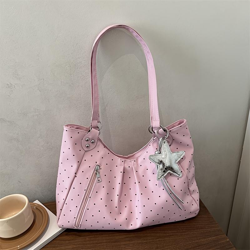 2026 New Korean Style Polka Dot Tote Bag, Silver Star Charm, Large Capacity Commuter Shoulder Bag for Women, Versatile Casual Tote Bag