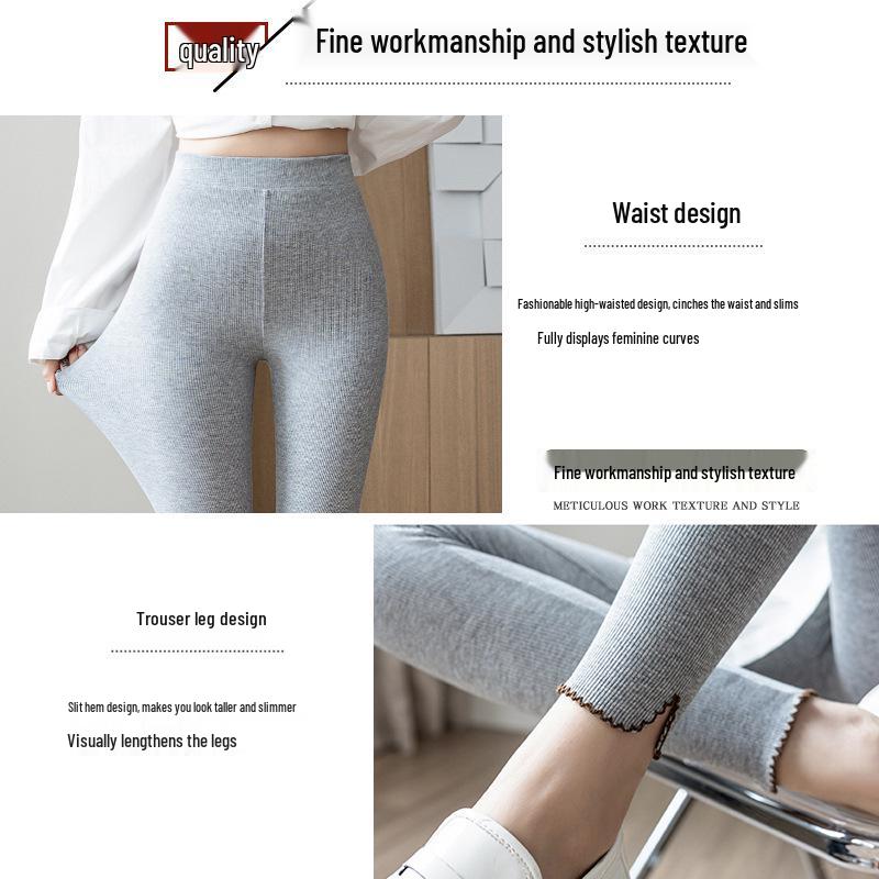 Women's Gray Cotton Skinny Tummy-Control Pants - Slimming, Elastic, Nine-Point Length, High Elasticity, Suitable for Outdoor Wear.