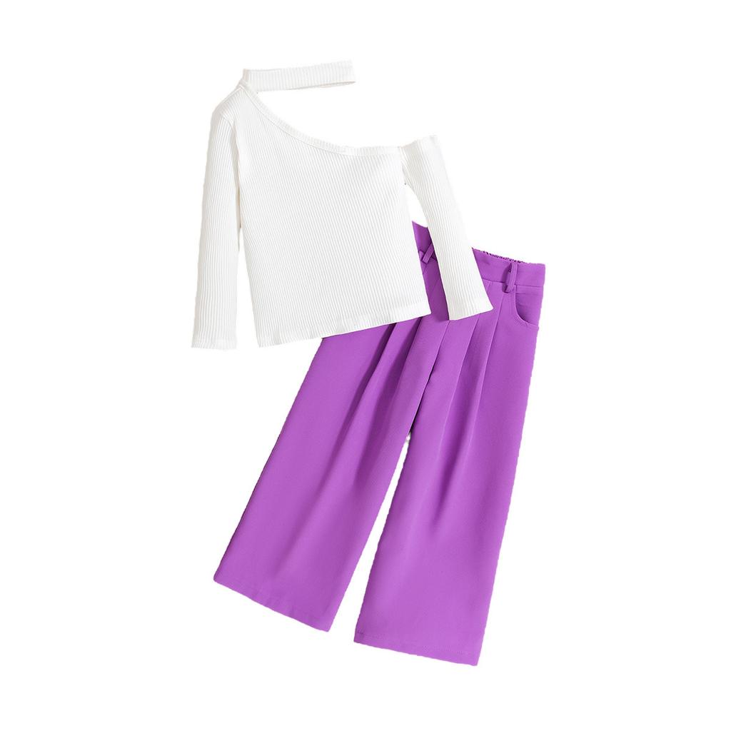 Mädchenmode-Set Frühling und Herbst Kinder Freizeit Schulterfrei, Nackenband, Langarm und Lange Hose Zweiteiliges Set