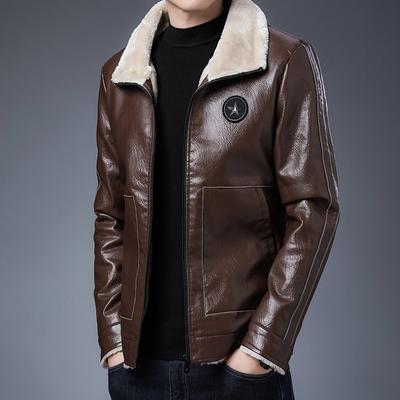 Fleece Collar Leather Jacket for Men with Fur Integrated Plus Velvet and Thickened New Style Winter Men's Sherpa Jacket for Trendy Men