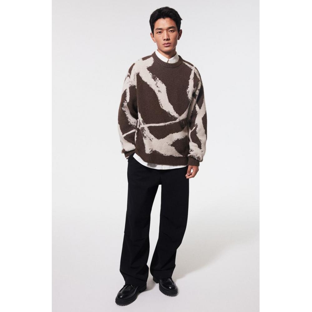 H M Loose Fit Jacquard Knit juMper Brown Pattern