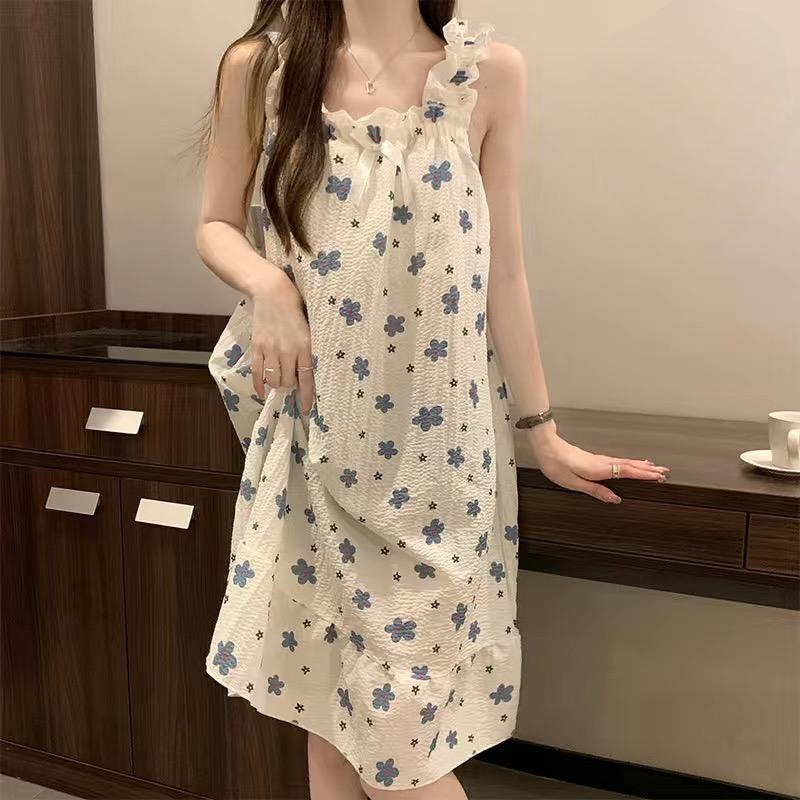 Schlafrock, weiblich, Sommer, süß, süß, Sling-Pyjama, mittellang, Nachtwäsche, Kleid, Homewear, ärmellose Pyjama-Sets für Frauen