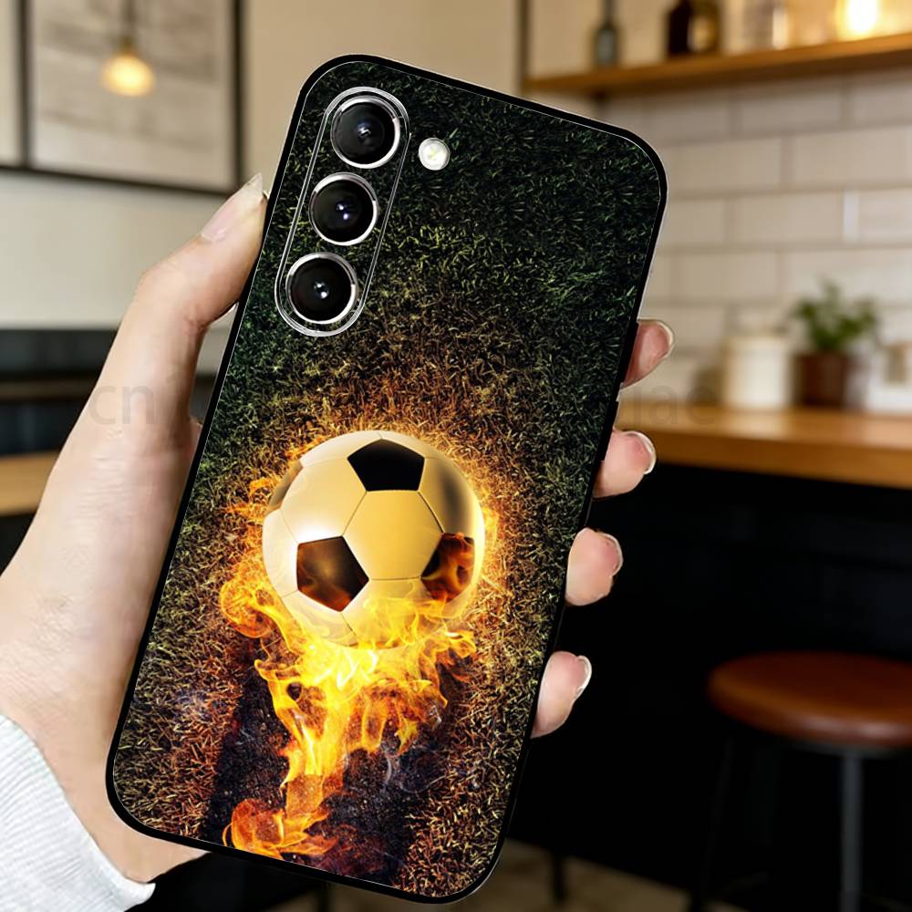 

Fire Soccer ball Phone Case For Samsung S20,21,22,23,24,25,26 Ultra,Plus,Black Soft Cover Samsung S23plus5G