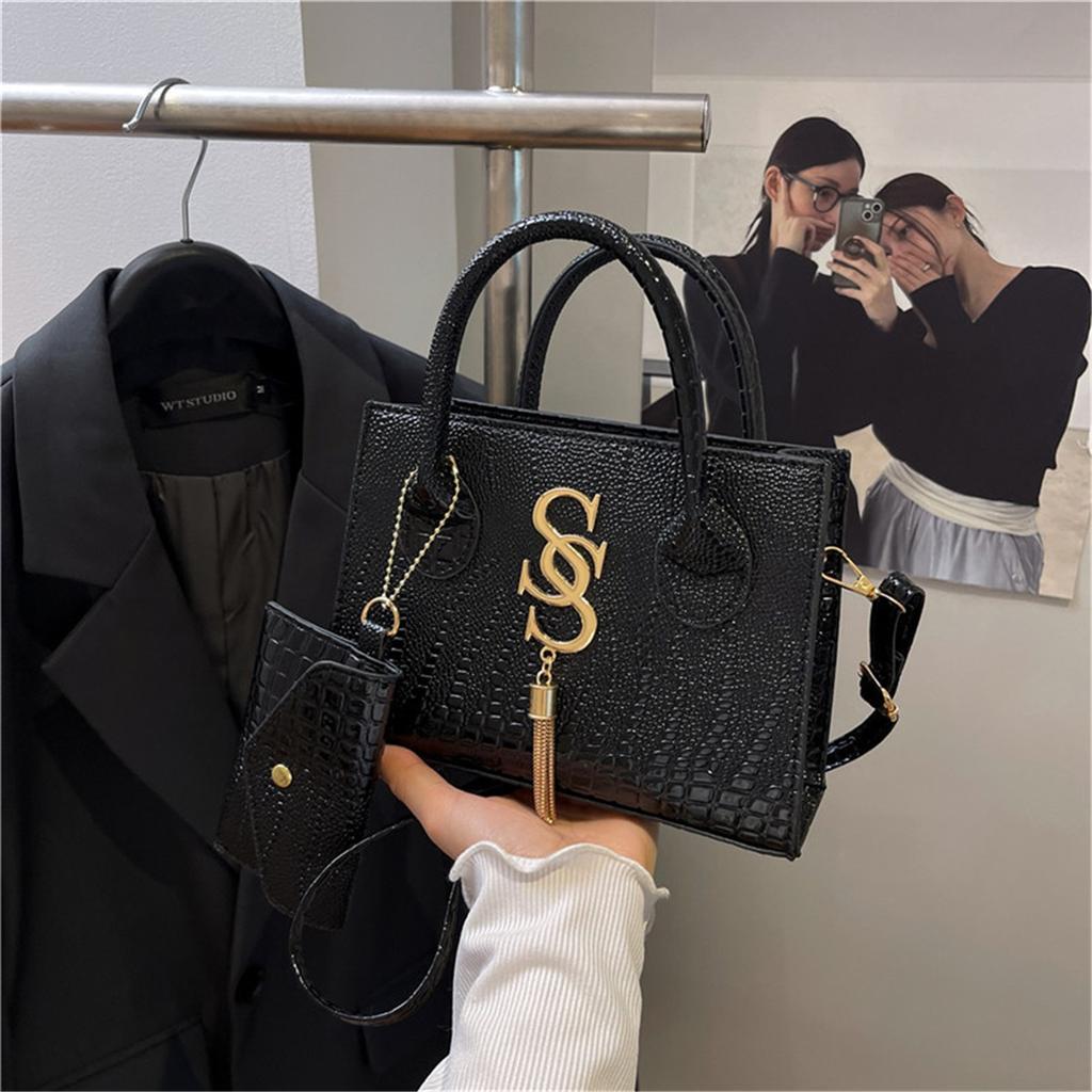 Fashion Solid Color Simple Crocodile Letters Tassel Casual Atmosphere Shoulder Handbag Bag For Women