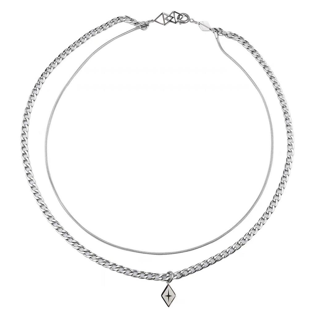 Rhombus-shaped pendant necklace, long style, round beads, simple stainless steel, couple's collar chain