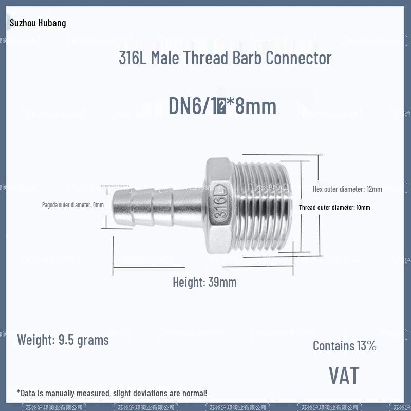 1" Hexagonal Barb Connector, 304 Stainless Steel for Water Pipe Hose, 316 Male Thread Plug