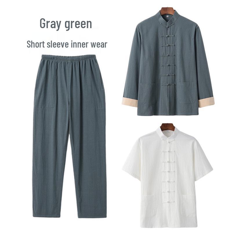 Men's Cotton Linen Three-Piece Tang Suit: Chinese Style Frog Button Hanfu, Retro Lay Buddhist Robe, Tea Attire