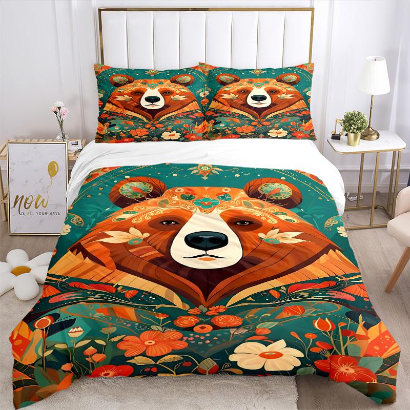 3pcs bedding set Floral Bear Includes 1 Comforter + 2 Pillowcases, Without Pillow Inserts, Soft Comfortable, Lightweight Breathable034