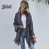 Women Poncho Batwing Long Sleeve Open Stitch Mid-Length Loose Fit Shawl Cardigan Fall Winter Artificial Fur Collar Tassel Hem Knitting Outerwear