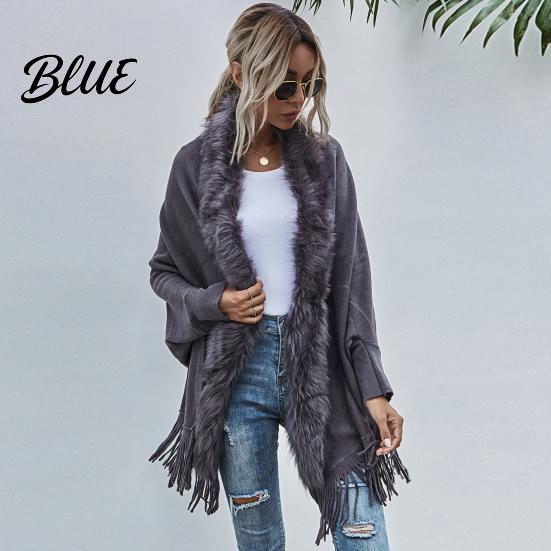 Women Poncho Batwing Long Sleeve Open Stitch Mid-Length Loose Fit Shawl Cardigan Fall Winter Artificial Fur Collar Tassel Hem Knitting Outerwear