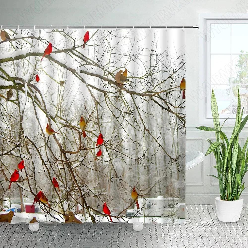 GAERed Birds Shower Curtains Snow Winter Berry Snow Tree Branch New Year Christmas Bath Curtain Set Cloth Bathroom Decor with