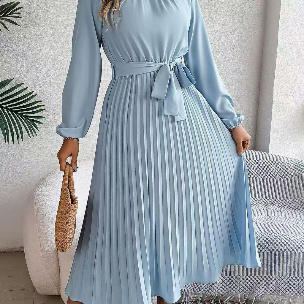 Autumn and Winter Elegant Stand-up Collar Long-sleeved Waist Pleated Long Dress Small Dress, Women's Clothing