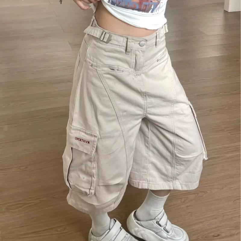 American Vintage Pleated Cargo Pants Loose Wide Leg Denim Shorts Men Women Streetwear