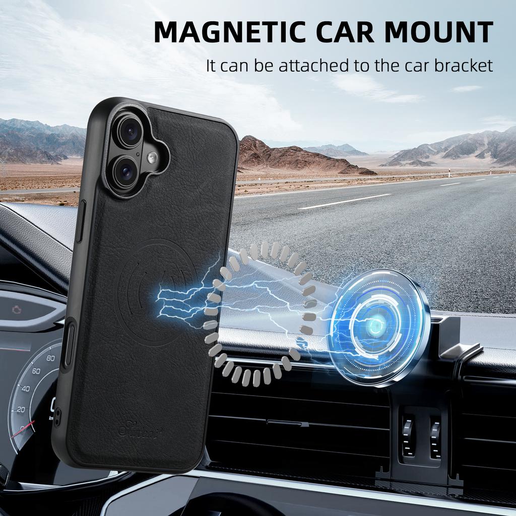 SUTENI H19 For iPhone 16 Plus Magnetic Case Card Holder Kickstand Litchi Texture Leather Back Cover