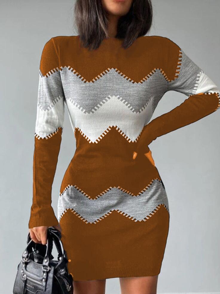 Damen Strick Bodycon Kleid Mittellang - Rundhalsausschnitt, Langarm, Herbst/Winter 2023 Kollektion