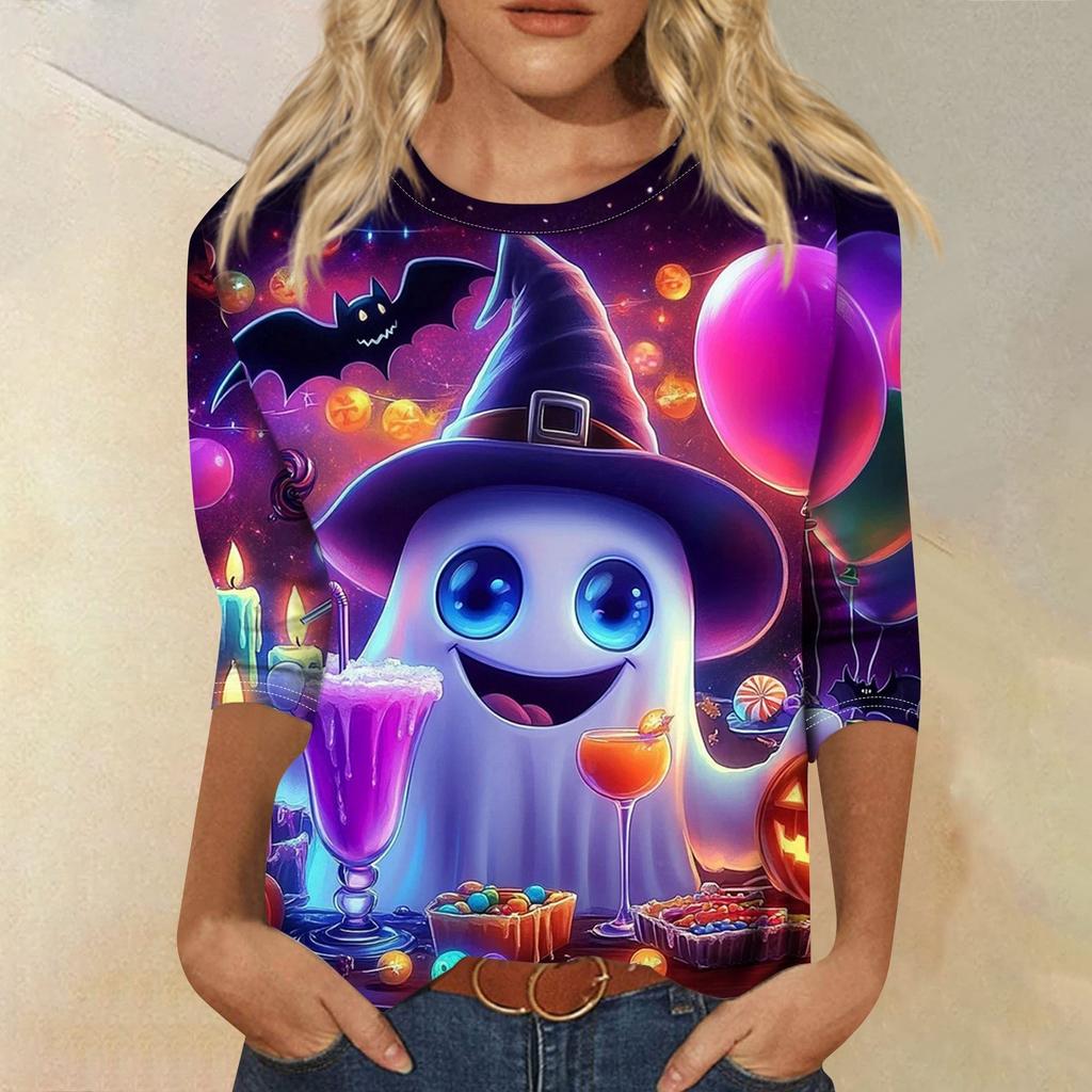 Women's Fashion Casual Three-quarter Sleeve Halloween Printed Round Neck Top