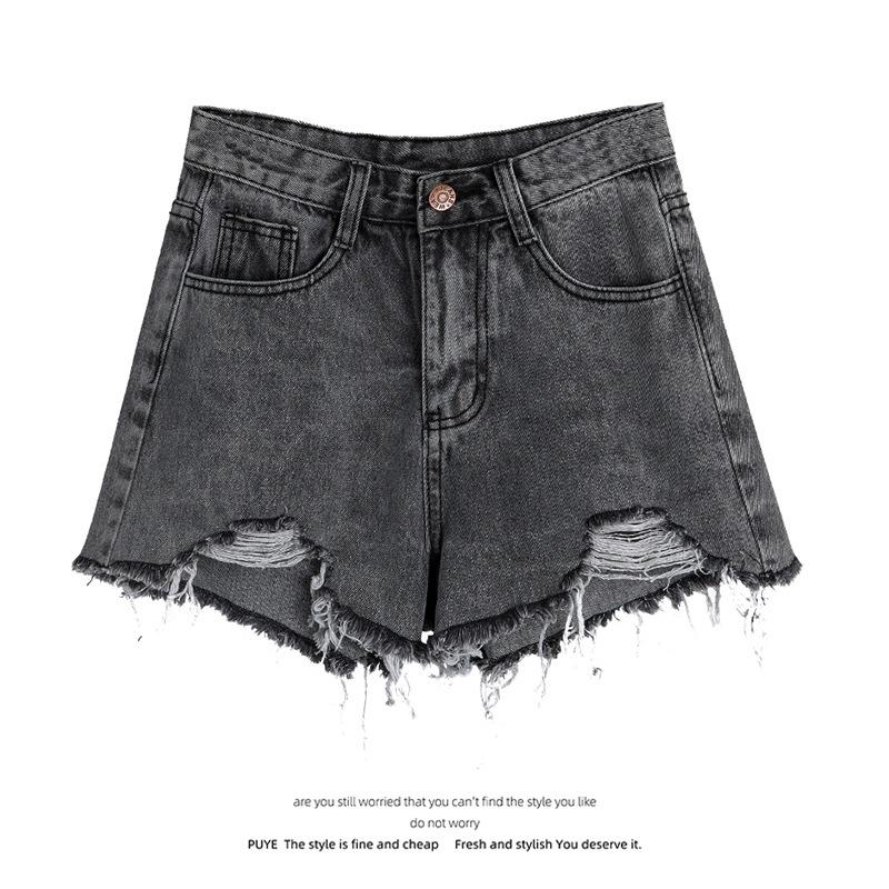 Classic and Minimalist Fashion Versatile Broken Holes Female Summer High Waist Thin Thin Section Loose A-line Denim Shorts Individuality Trendiness