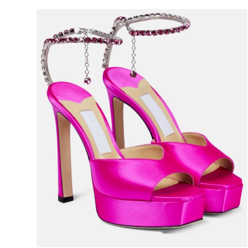 Fashion Colorful Chain Water Diamond Sandals Brand Walk Show Fish Mouth Evening Dress Elegant High Heels 2025 New Pendant Women's Shoes