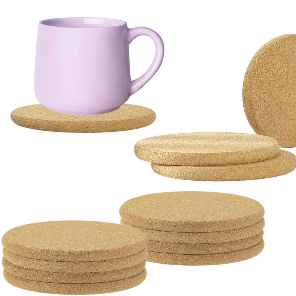 Samcos Cork Coasters, 12 Round Plain Coasters, Reusable Cork Circles, Heat-Resistant, Water-Absorbent, High-Density, Suitable for Glasses and Mugs,