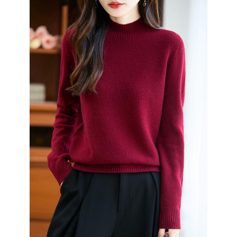 Women's 25% Pure Wool Seamless Half-High Collar Sweater - Autumn/Winter Warm Base Layer Knitwear