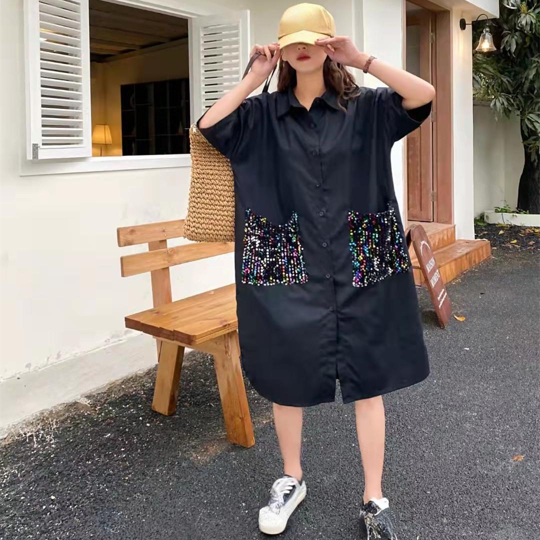 

Женская новая рубашка больших размеров, весенняя, повседневная, блузка с пайетками, карманы, свободный кардиган с длинным рукавом, белая, черная, свободная One Size