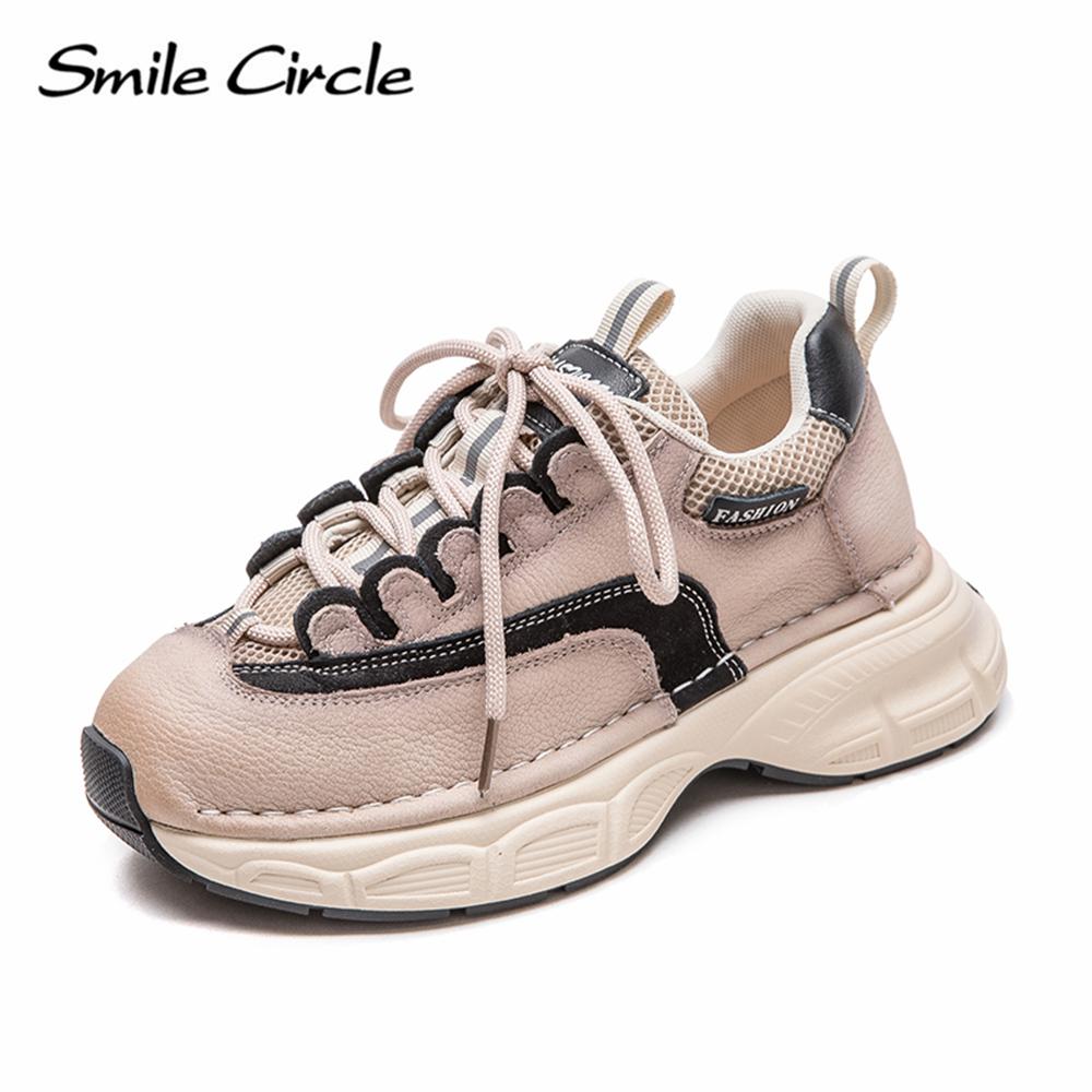 Damen Sneakers aus echtem Leder mit runder Zehenpartie und zunehmender Höhe, modische Freizeitschuhe mit dicker Sohle