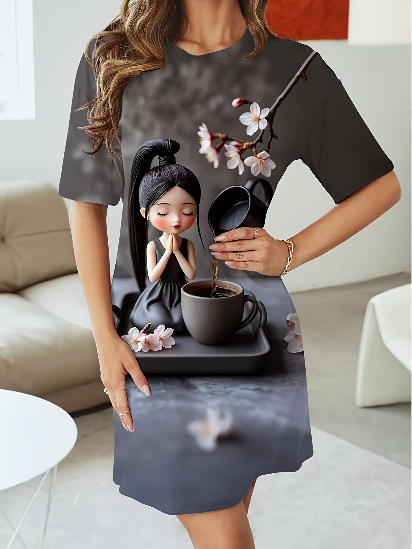

Women s Casual Pajamas with Artistic Print of a Drinking Tea Under a Cartoon Cherry Blossom Tree - Comfortable Short-Sleeve Round-Neck T-Shirt Dress. XS дубильная кора