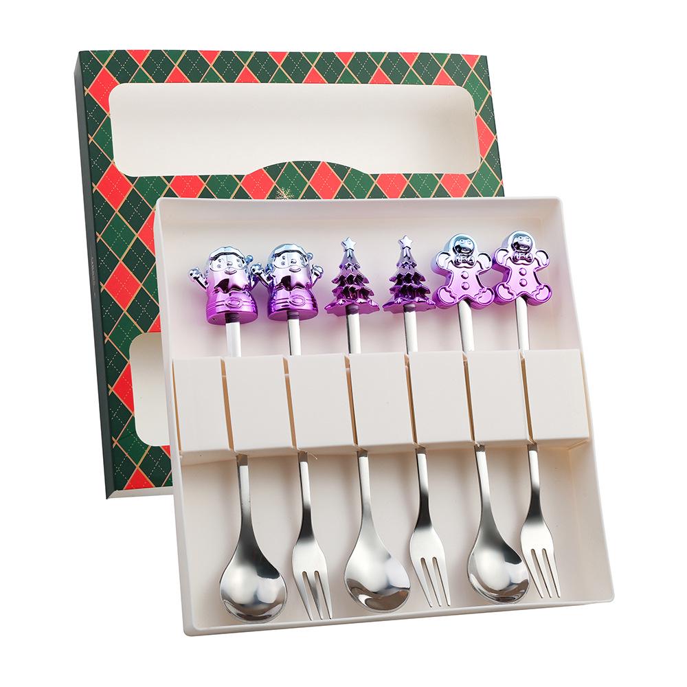 Cartoon Santa Claus Christmas Tree Coffee Dessert Spoon & Fork Gift Set
