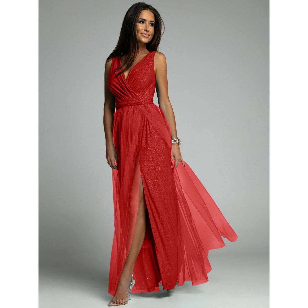 

Shiny V-Neck Waist-Cinched Slimming Slit Maxi Dress, Sexy Evening Party Gown for Women European American Crossbody Style L