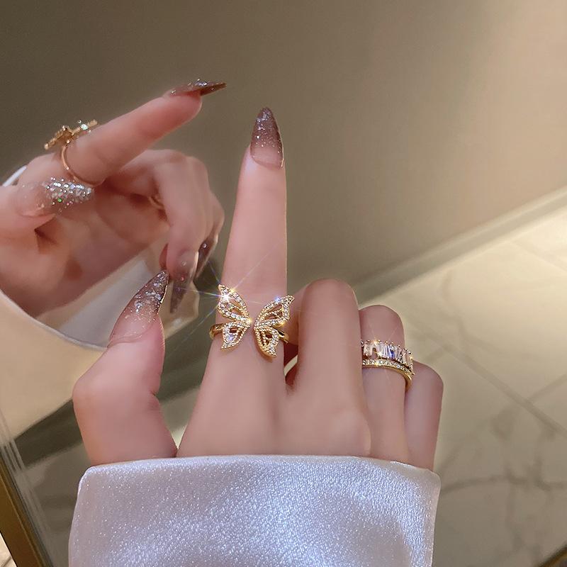 New Design Rhinestone Butterfly Adjustable Opening Ring Luxury Party for Women Inlaid Zircon Butterfly Ring Fashion Jewelry