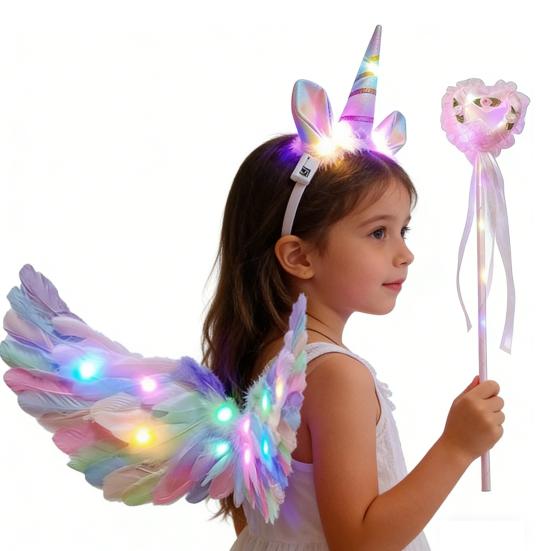 Glowing Wings Headband Elf Fairy Luminous Wand Angel Fairy Photo Prop Set for Girls Light Up Costume Accessory