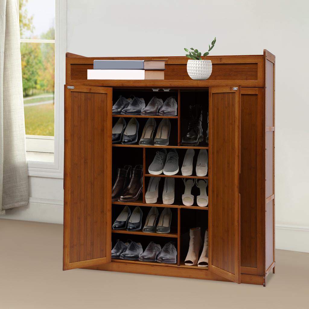 7-Tier Bamboo Shoe Storage Cabinets Shoe Rack Entryway Furniture Shoe Organizer w/Doors&Two Kinds of Heights Compartment