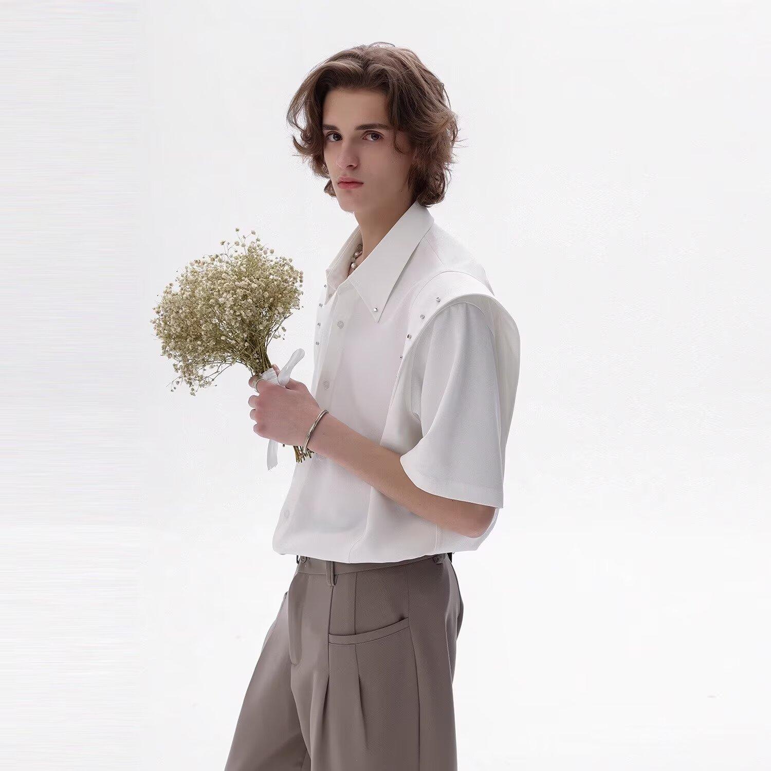 Летний стиль воздержания Темный узор Ручная работа Бисероплетение Мужская футболка с коротким рукавом Крутая Высококлассная рубашка Нишевый дизайн Топ M белый 1927₽