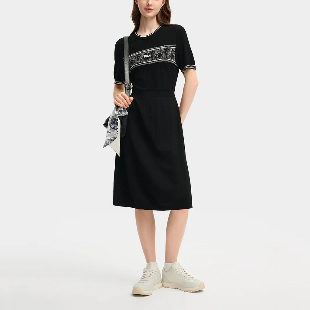 Fila X M.C. ESCHER Heritage Series Fashion Casual Woven Short Sleeve Dress Women Dresses Black F11W538311F-BK
