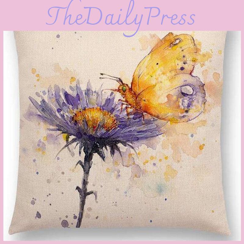 Charming Watercolor Lion Flowers Butterfly Lane Bird Wren Cushion Cover For Elegant Living Spaces